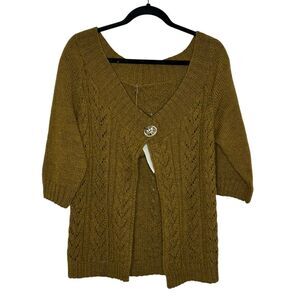 Handknit Wool Cardigan Sweater Size‎ OS Olive Green Ceramic Button Boho Cottage